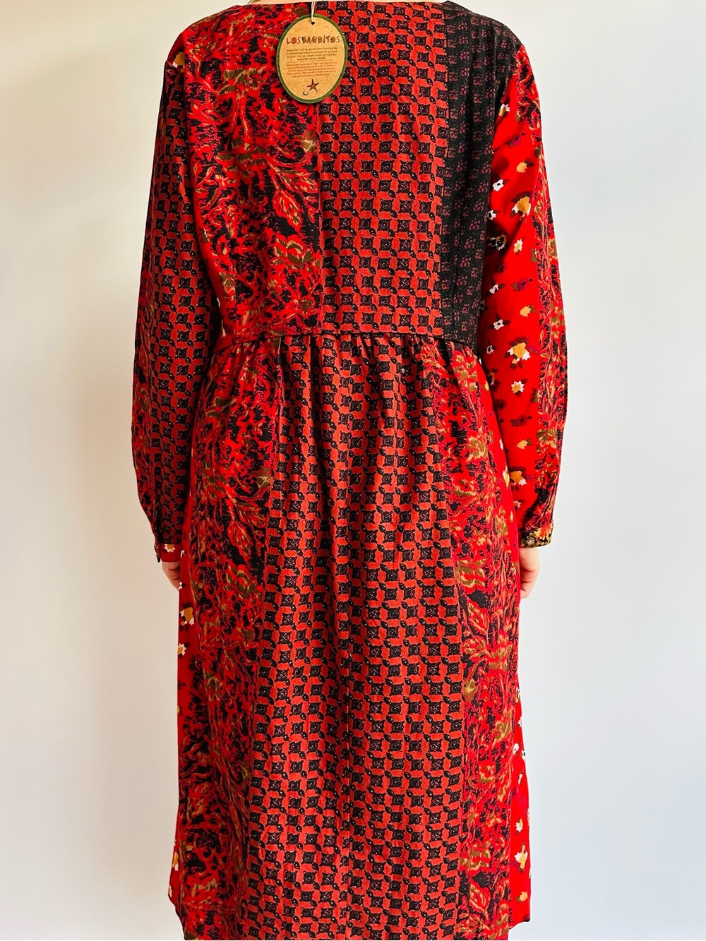 New Los Banditos Patchwork Boho Cotton Midi Dress Red Floral Long Sleeve - Picture 6 of 11